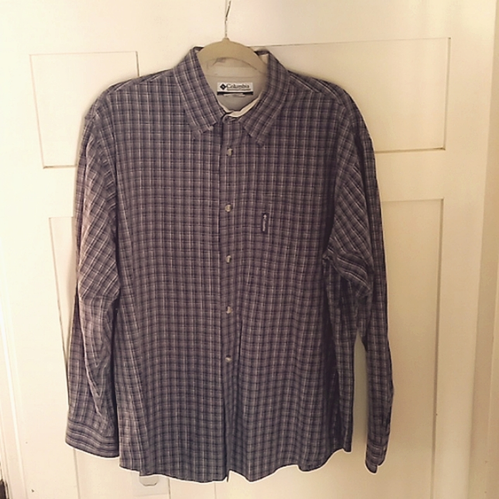 Columbia Men's Navy & Gray Plaid Button Down Long Sleeved Shirt Sz Lg